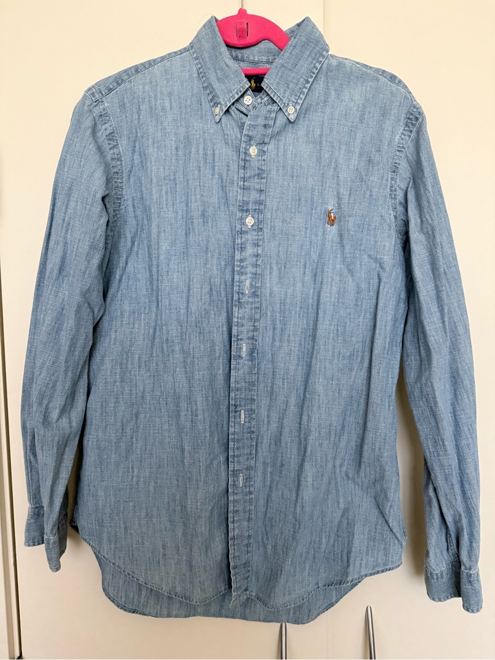 Vintage Polo by Ralph Lauren Light Blue Denim Logo Button-Down Shirt Size M EUC